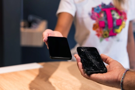 Smartphone-Reparatur: Kunde übergibt defektes Handy mit Rissdisplay im Laden