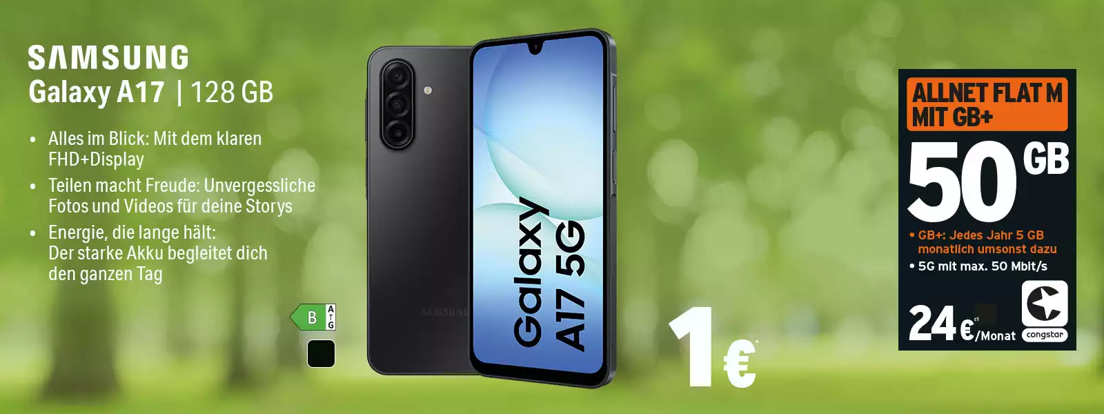 Werbebanner: Samsung Galaxy A17 5G 128 GB mit Allnet Flat M und 50 GB