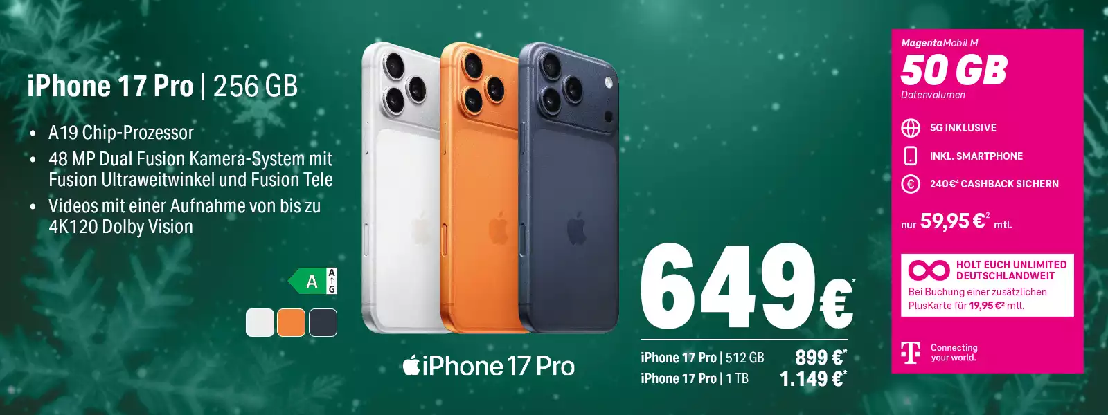 Drei iPhone 17 Pro in Weiß, Orange und Dunkelblau mit 256 GB, 5G-Tarif und Tarifdetails.