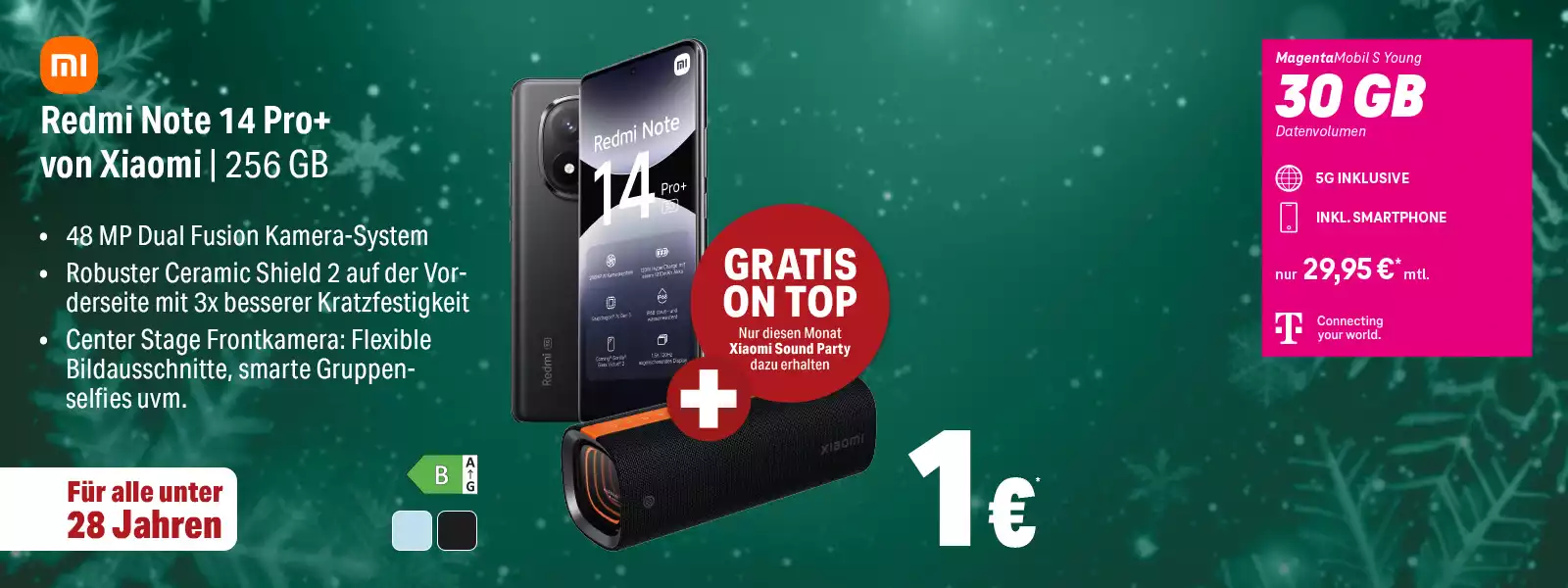 Angebot für Xiaomi Redmi Note 14 Pro+ mit 256 GB, Gratis-Lautsprecher und 30 GB 5G-Tarif.