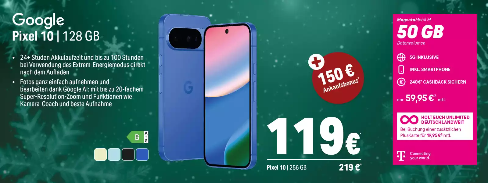Angebot für das Google Pixel 10 Smartphone mit 128 GB und 50 GB 5G-Tarif von Telekom.