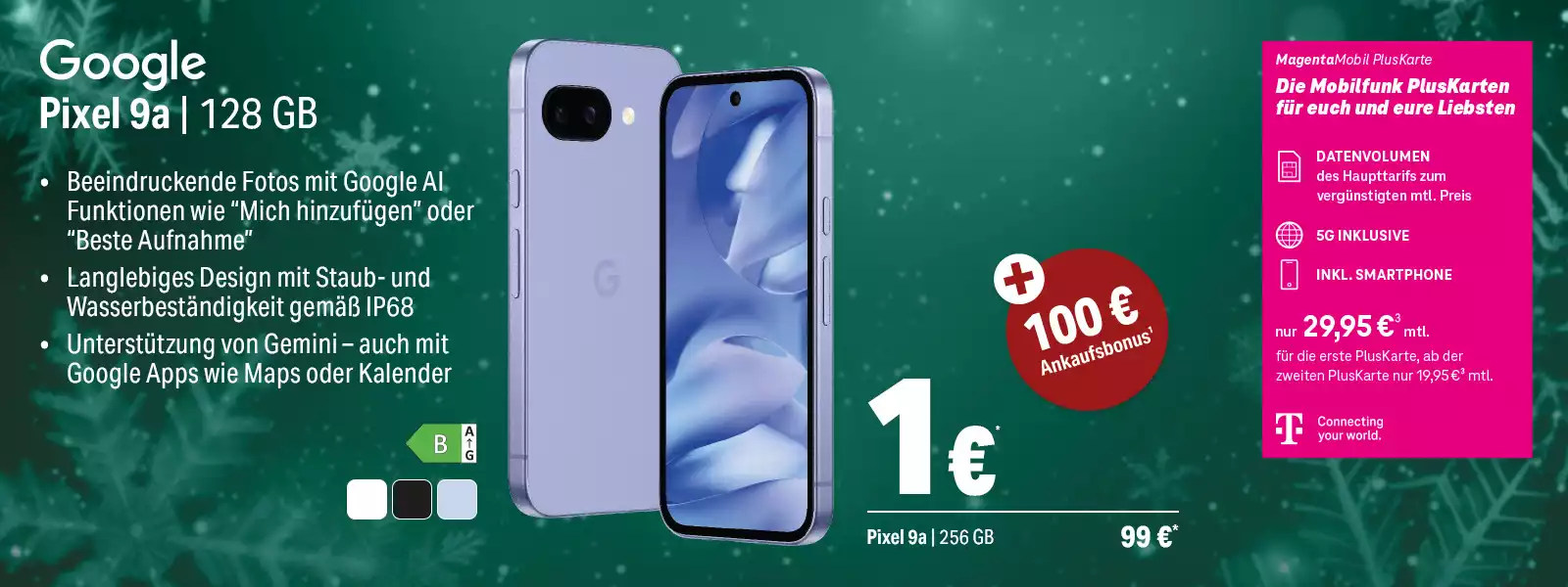 Google Pixel 9a Smartphone mit 128 GB, KI-Kamera, IP68, Gemini und 5G im Telekom Angebot.