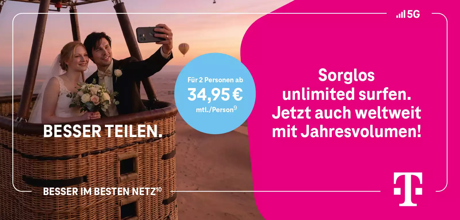 Hochzeits­paar macht Selfie im Heißluftballon, Telekom 5G Werbung für unbegrenztes Internet.