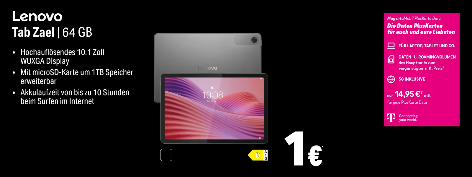 Lenovo Tab Zael 64 GB Tablet-Angebot mit 10,1 Zoll Display und Akkuangabe